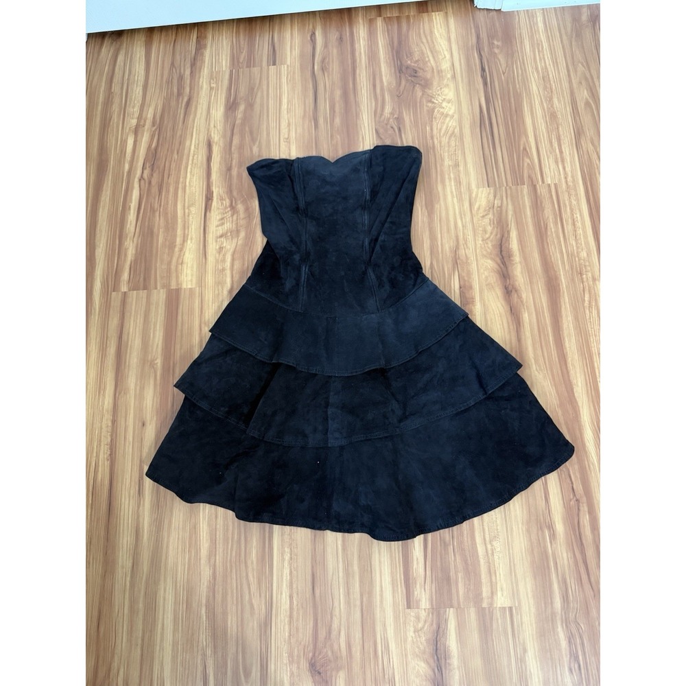 Berman Suede Leather Strapless Western Cowgirl Black Mini Dress 6 Vintage Goth